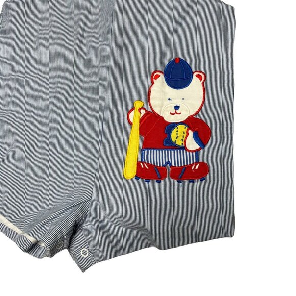Nursery Rhyme Jon Jon Romper Boys Blue Striped Bear Baseball Embroidered Size 2T - Picture 5 of 7